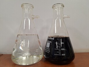 Both of these flasks contain fluid that each weigh 1 kg. The flask on the left is filled with 1 kg of water, and water has a specific gravity of 1.00. This means that for every 1.00 kg of water, the fluid will equal 1.00 L in volume. The flask on the righ